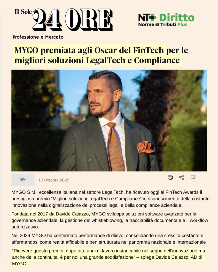 Il Sole 24 Ore: MYGO premiata agli Oscar del FinTech