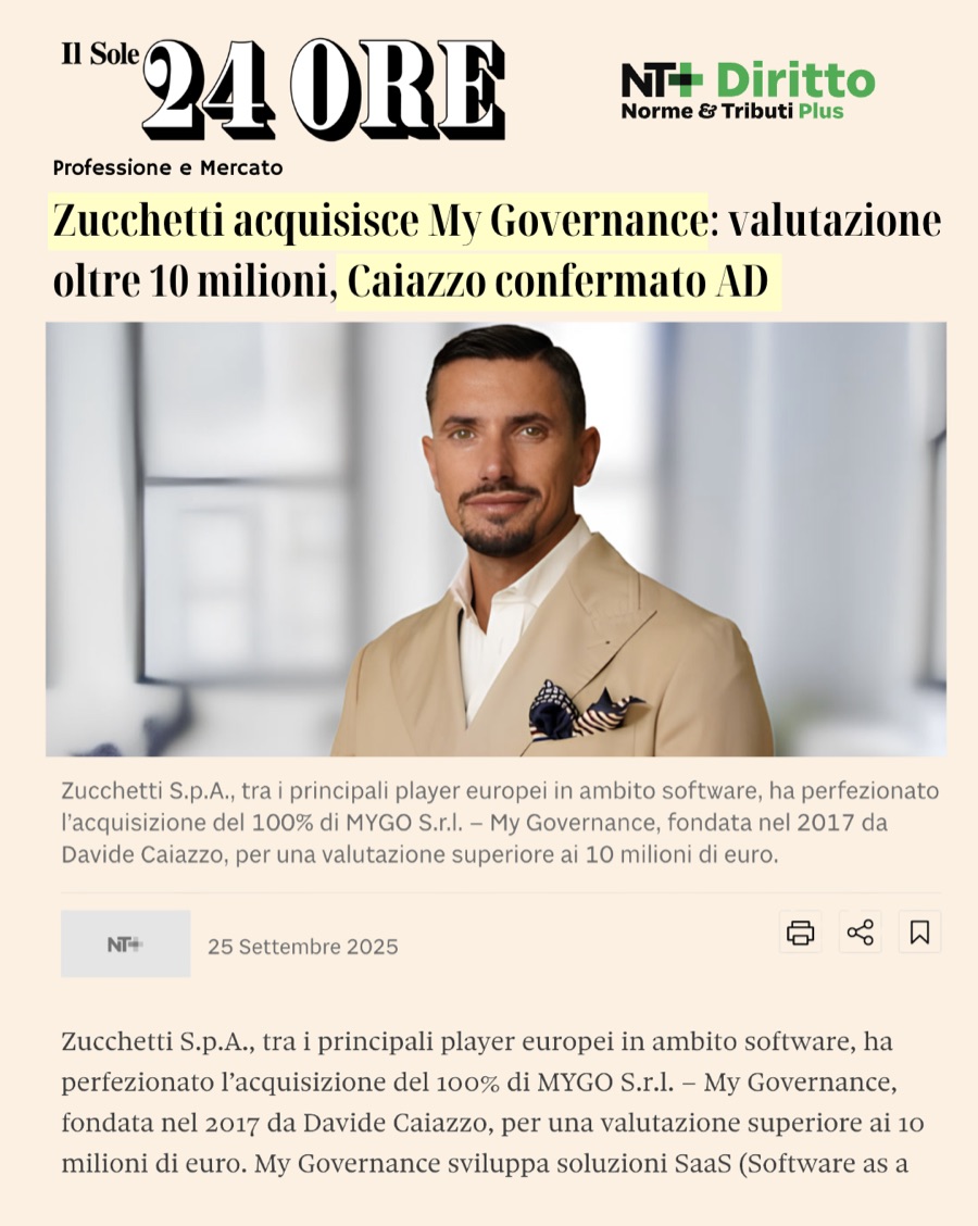 Il Sole 24 Ore: Zucchetti acquisisce My Governance